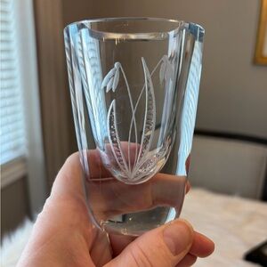 Vintage Strombergshyttan Swedish small crystal thick vase with Snowdrops Motif